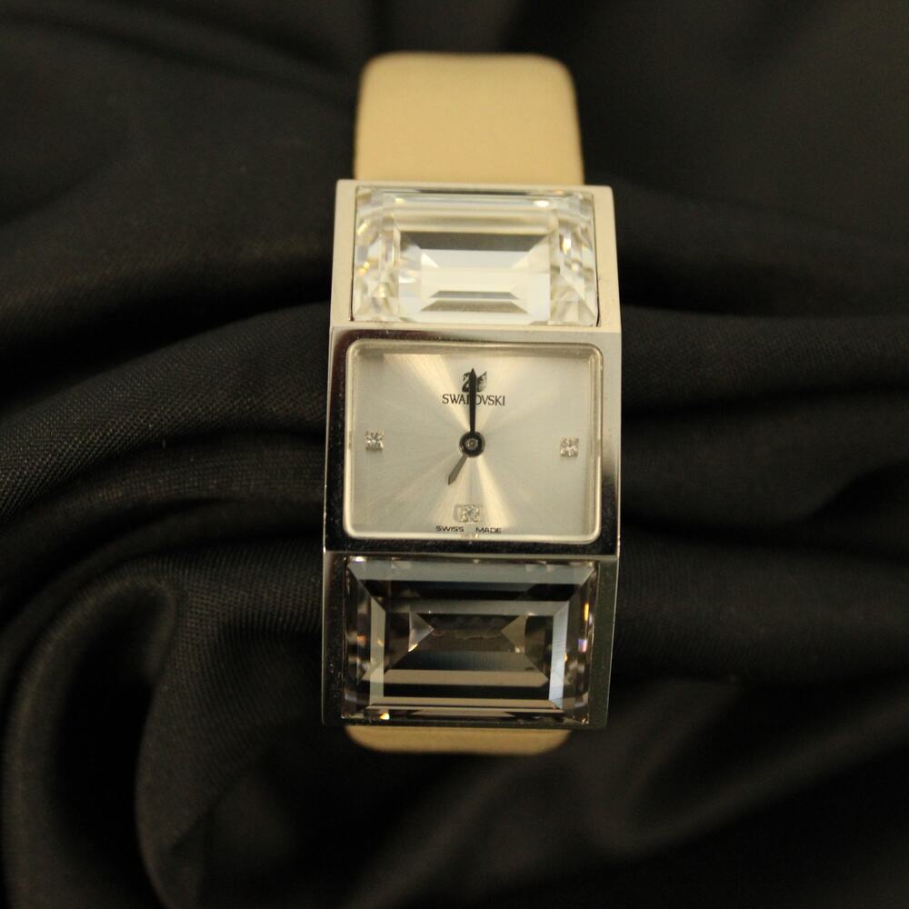 Swarovski Fairbanks Beige Watch Large Faceted Crystals Swiss Made Leather Strap